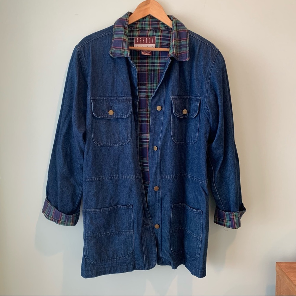 Vintage Ashton Cove Denim Button Front Plaid Lined Shacket Jacket Small S